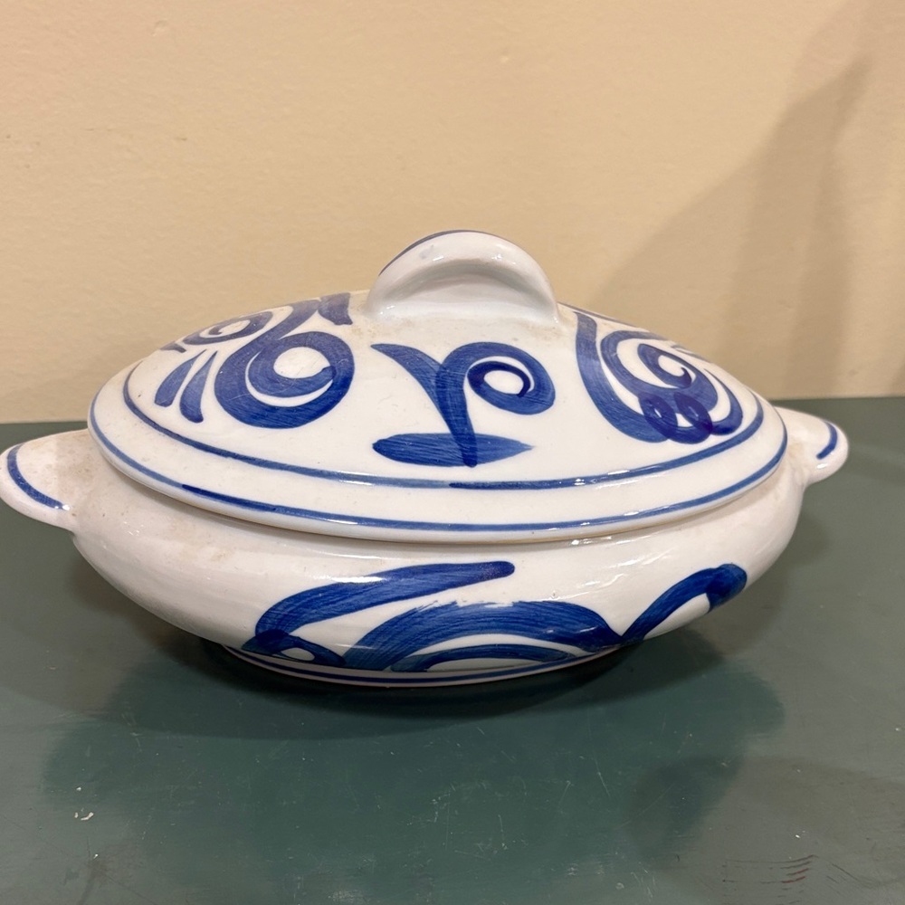 Blue and White Ceramic Lidded Serving Bowl Produced in Mexico or Portugal